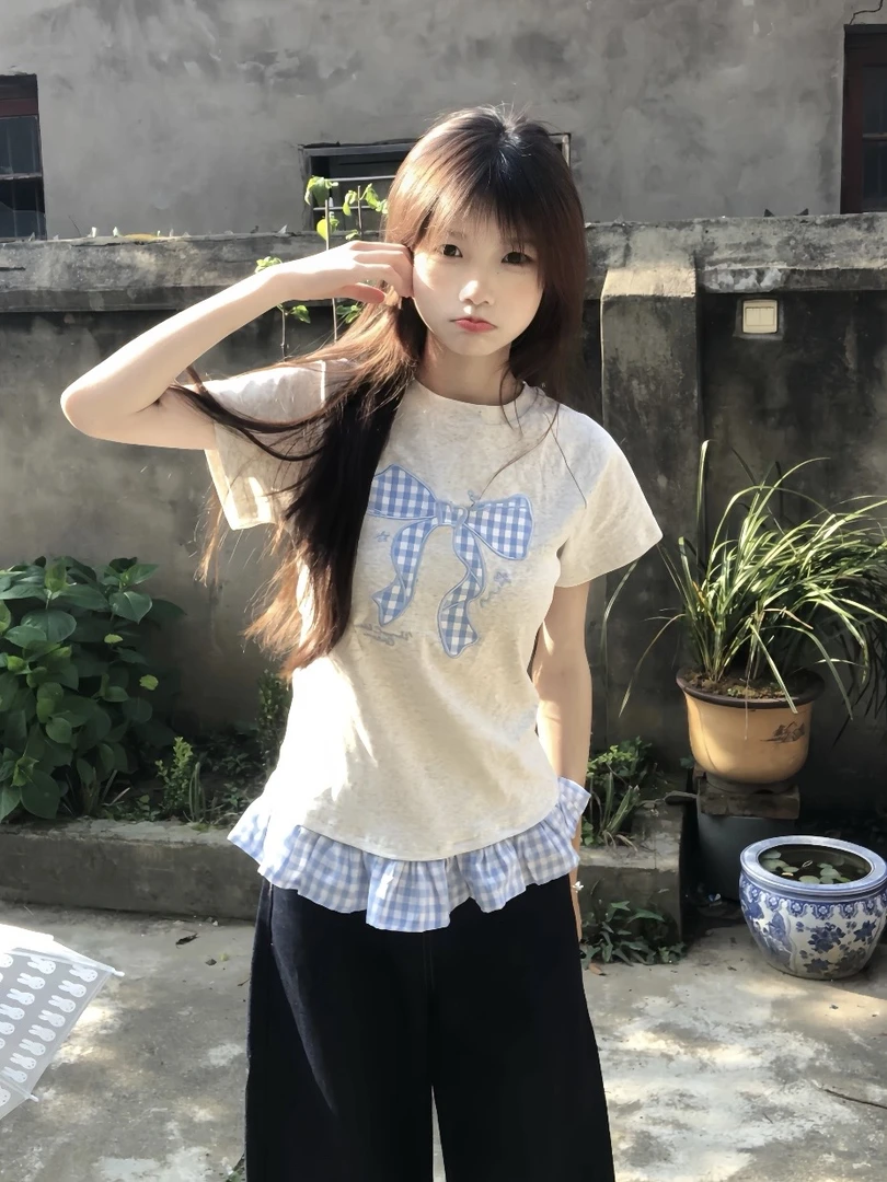 超好看甜妹可爱刺绣圆领假两件T恤女夏修身小众减龄百搭短袖上衣