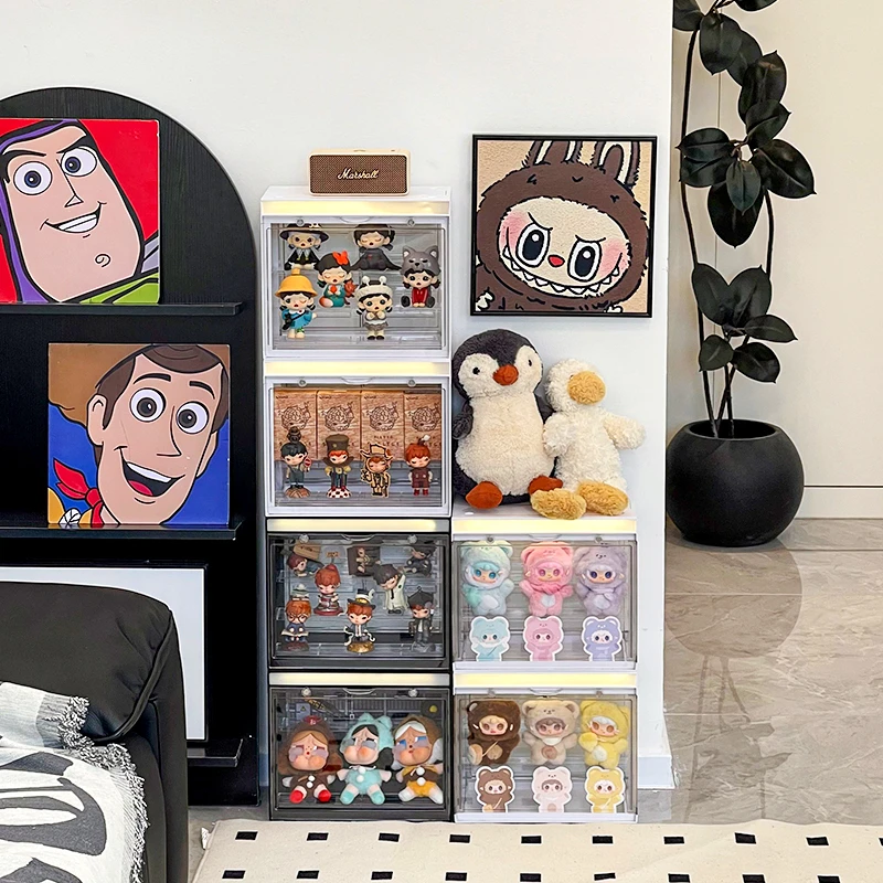 沙发旁带灯透明防尘手办陈列柜可叠加盲盒展示柜大号亚克力展示盒