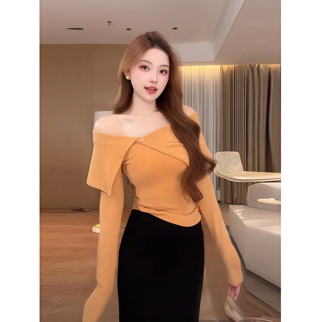 纯欲风一字肩露肩长袖针织衫T恤女秋季新款收腰显瘦不规则上衣