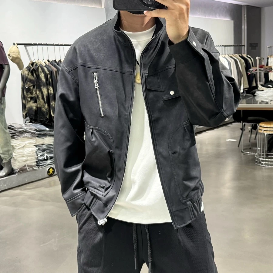 秋冬新款男士立领百搭皮衣休闲机车服纯色时尚工装防风外套24378