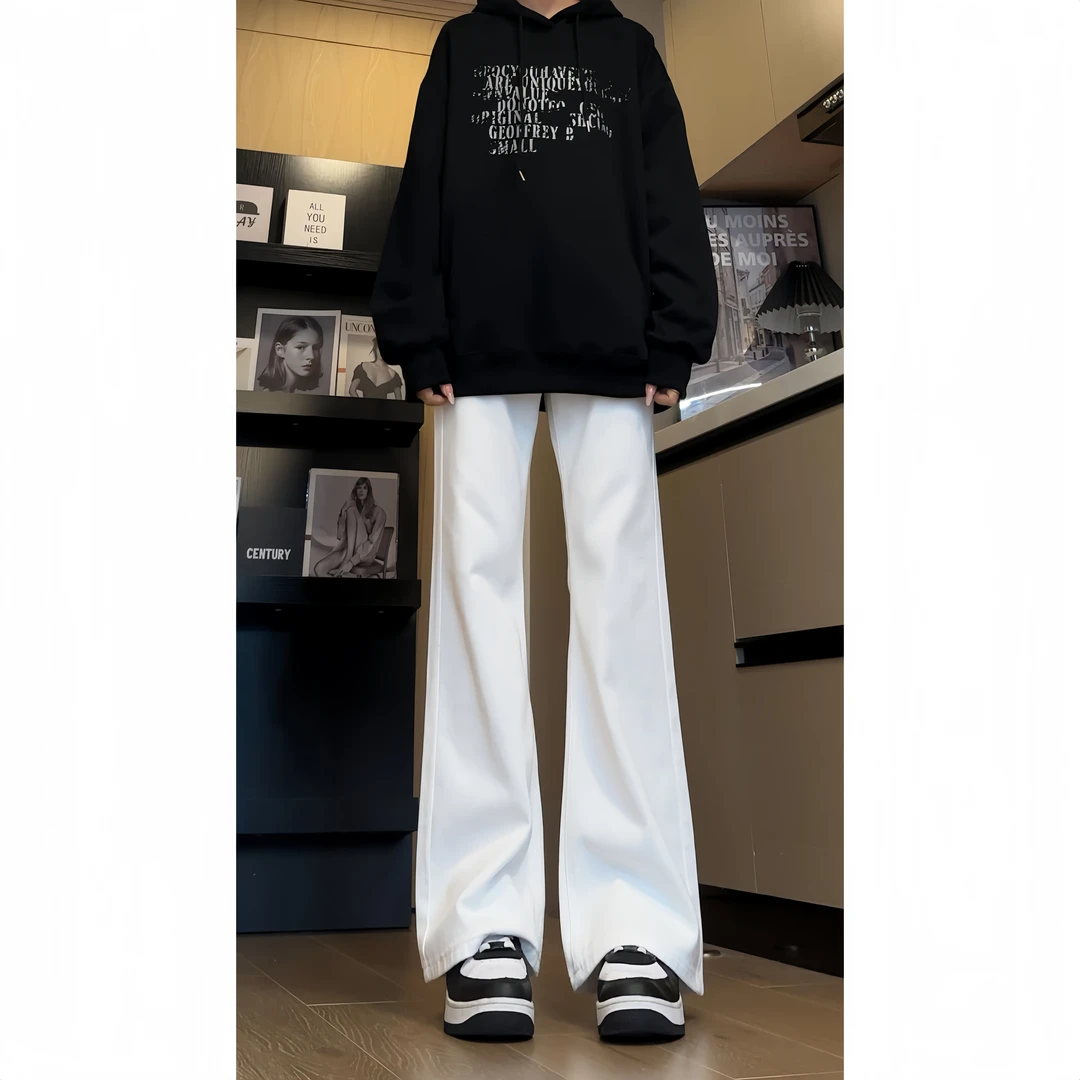 春季白色休闲纯色牛仔裤男设计感显高显瘦直筒裤百搭微喇长裤子男