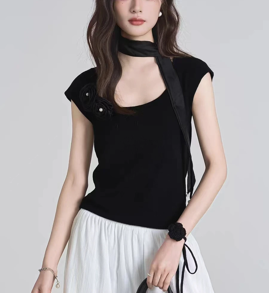 【优质版】法式挂脖飘带紫色立体花朵方领T恤女薄款冰丝超好看上衣