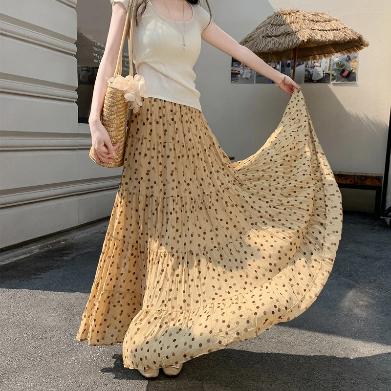 2025时尚气质高级感碎花黄色波点半身裙A字高腰垂坠褶皱显瘦长裙
