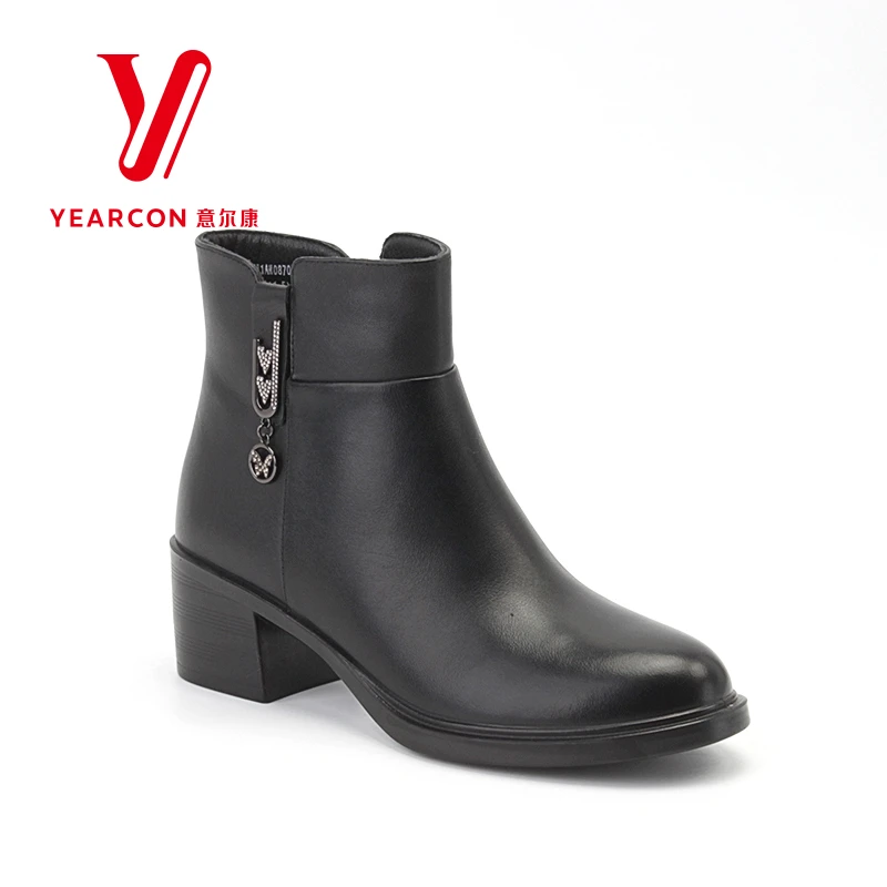 意尔康真皮加绒短靴女粗跟冬季新款舒适百搭妈妈棉靴子087073