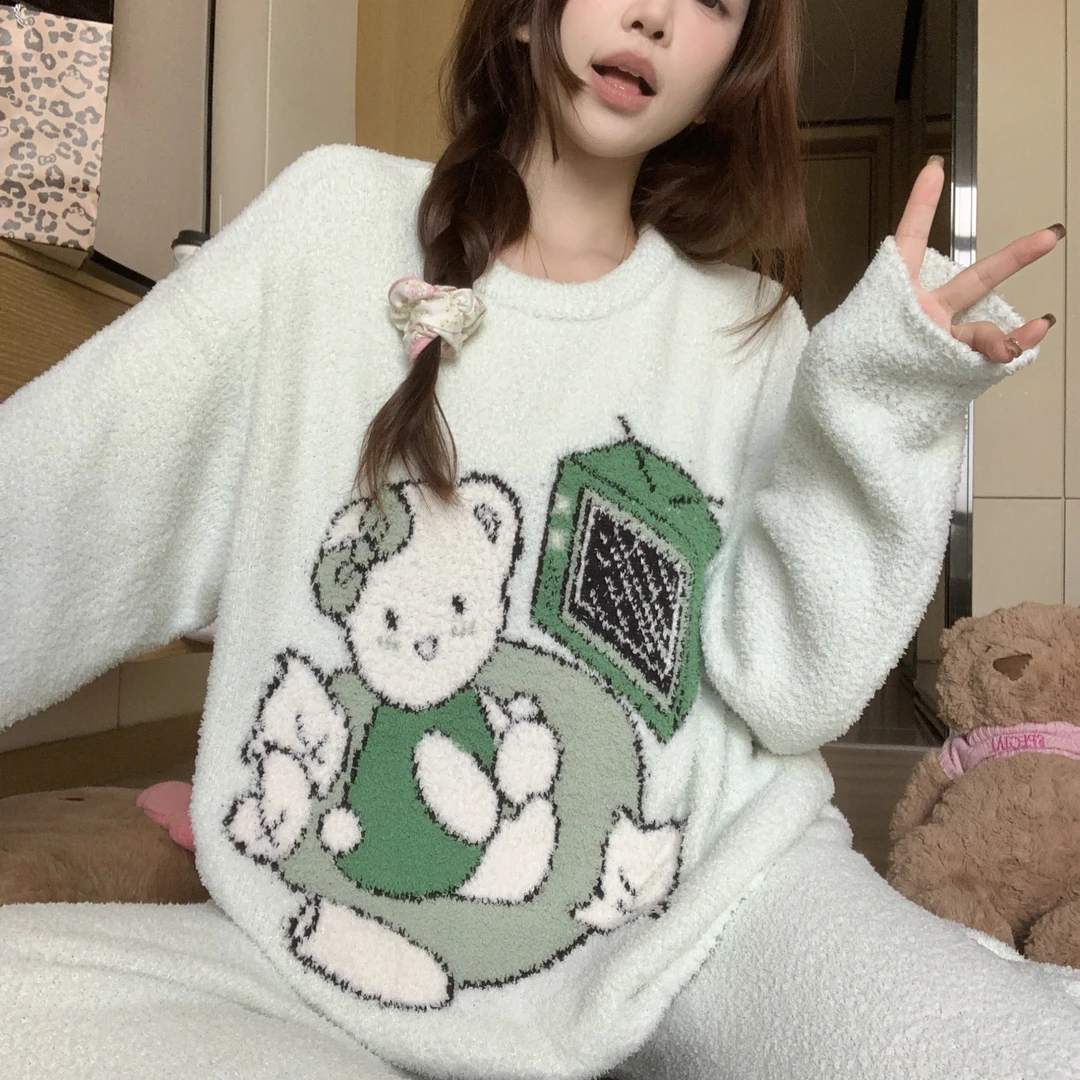 大码可爱卡通半边绒睡衣女秋冬款2025新款可外穿加厚家居服套装