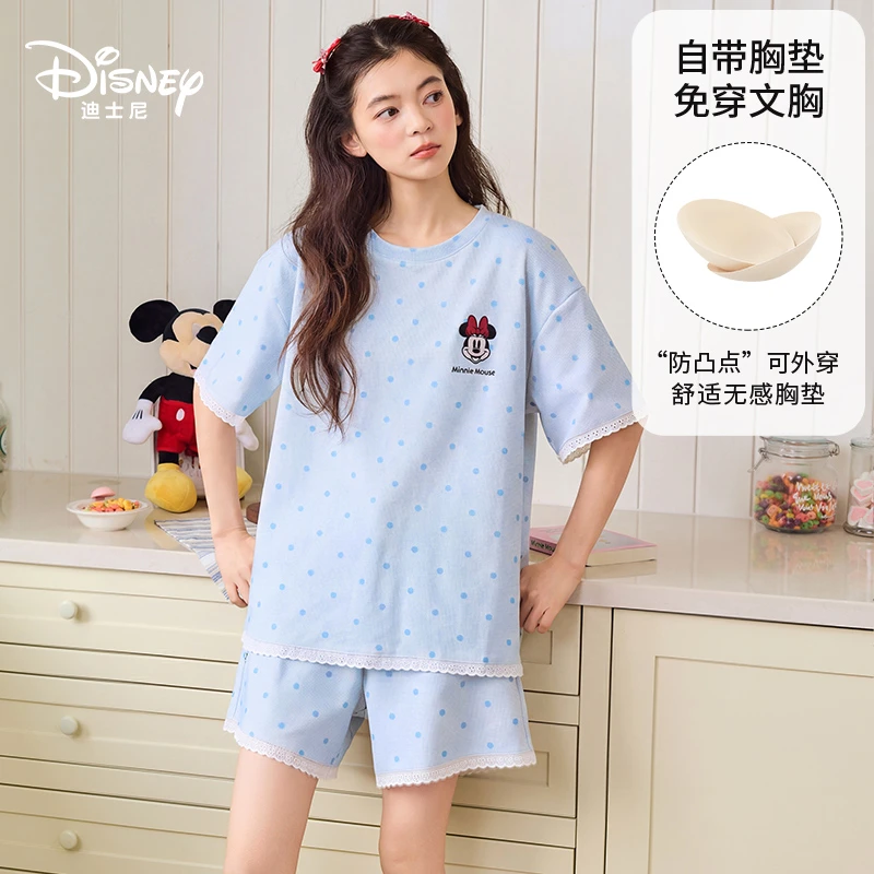 Disney迪士尼新款套头米妮纯棉短袖短裤带胸垫简约舒适家居服0457