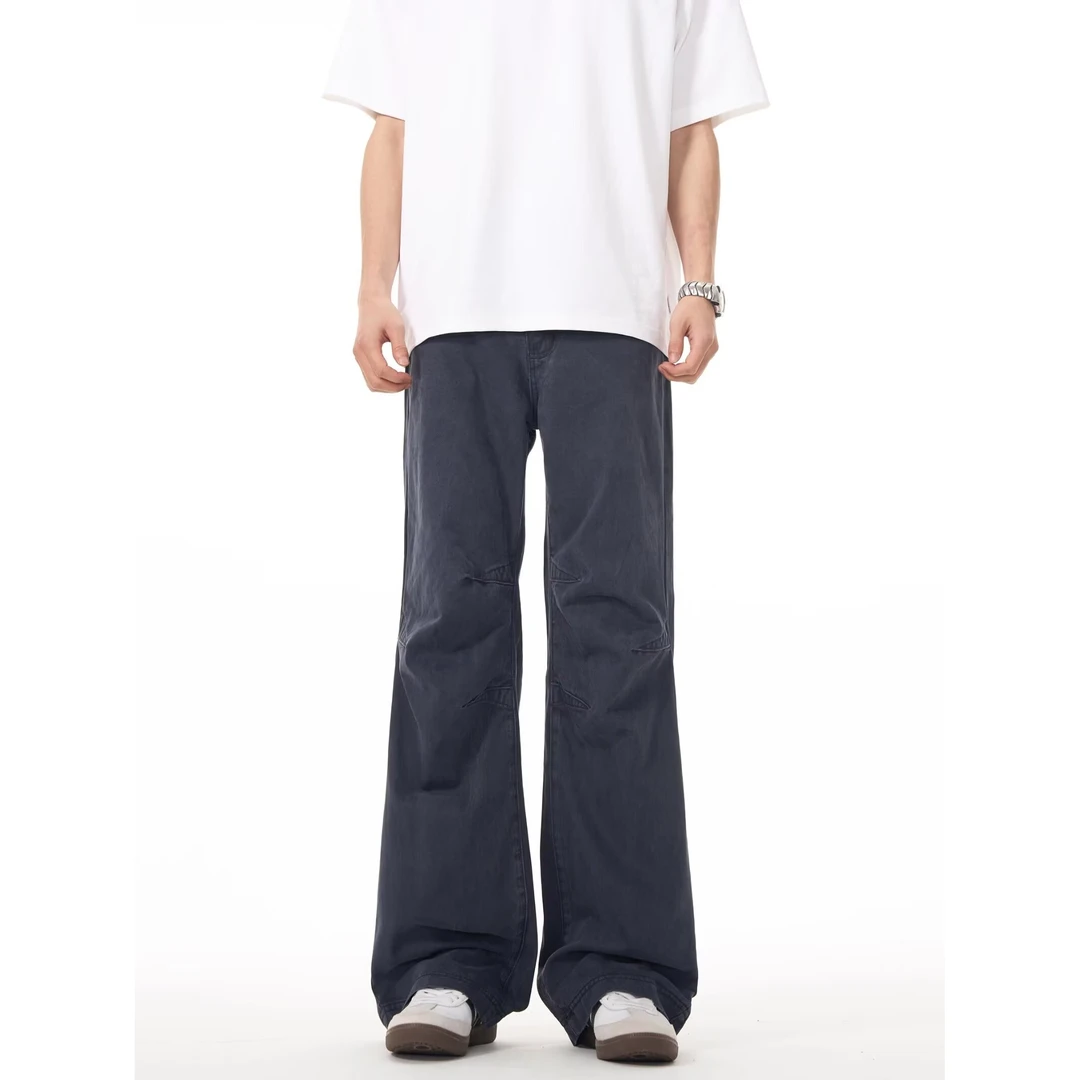 美式压褶水洗cleanfit牛仔裤男女宽松直筒微喇休闲工装裤潮