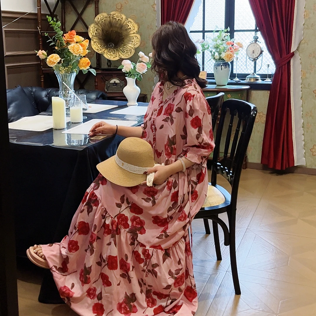 【肉肉】25年夏女款法式碎花长裙宽松大码显瘦印花气质连衣裙海边