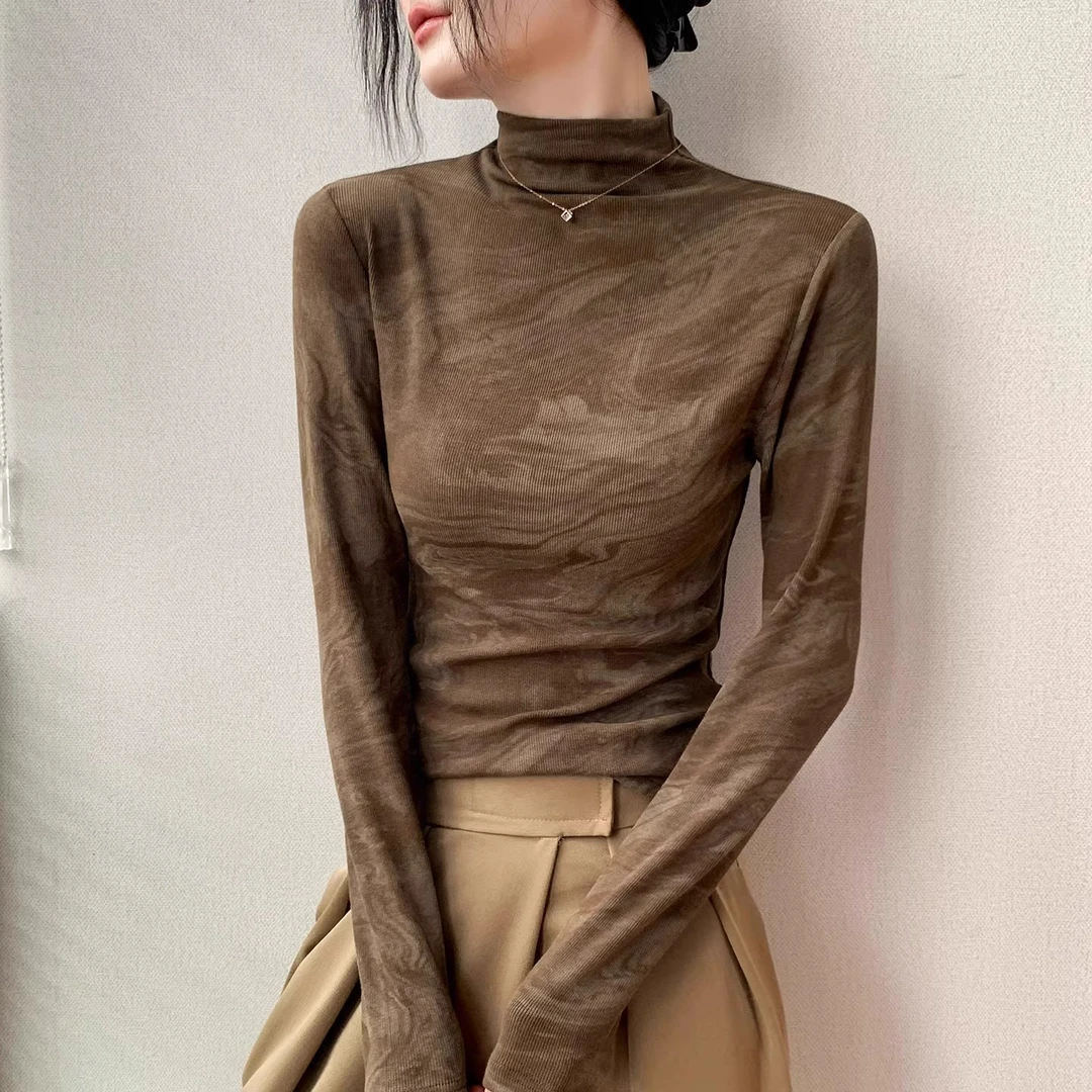 半高领扎染长袖T恤女2025秋季新款修身内搭打底衫外穿高级上衣女