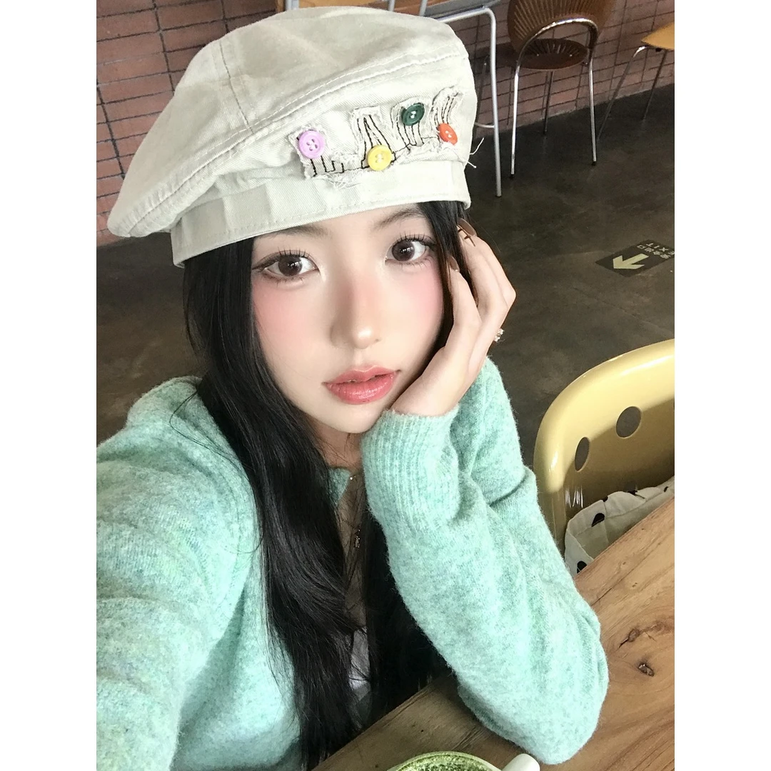 纽扣牛仔贝雷帽女春秋复古显脸小画家帽文艺报童帽