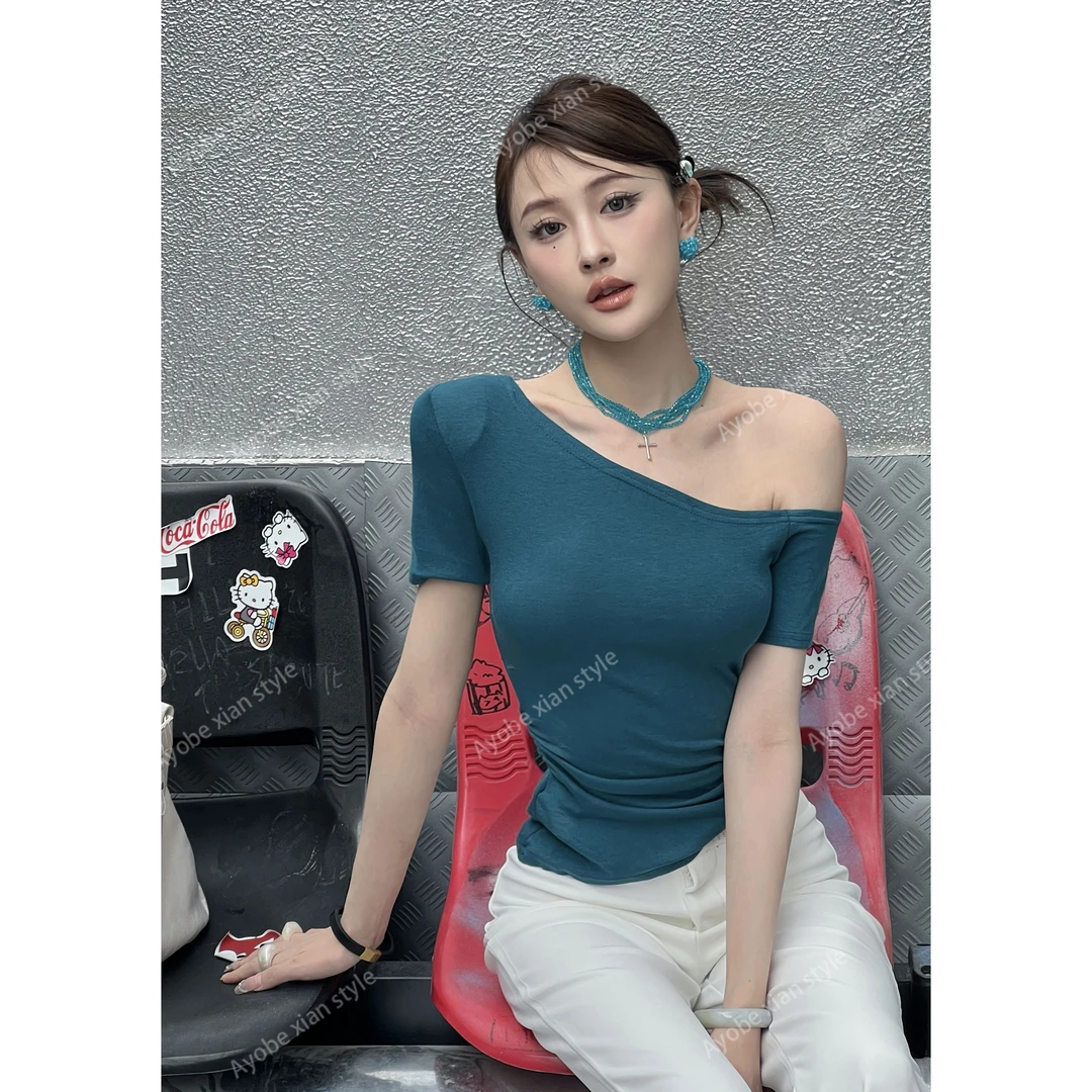 AYOBE小贤/雾都黎明 美式辣妹风斜肩短袖T恤春夏性感一字肩修身