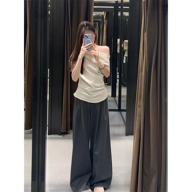 2025夏季新款简约时尚一字肩修身T恤上衣高腰宽松百搭休闲长裤女