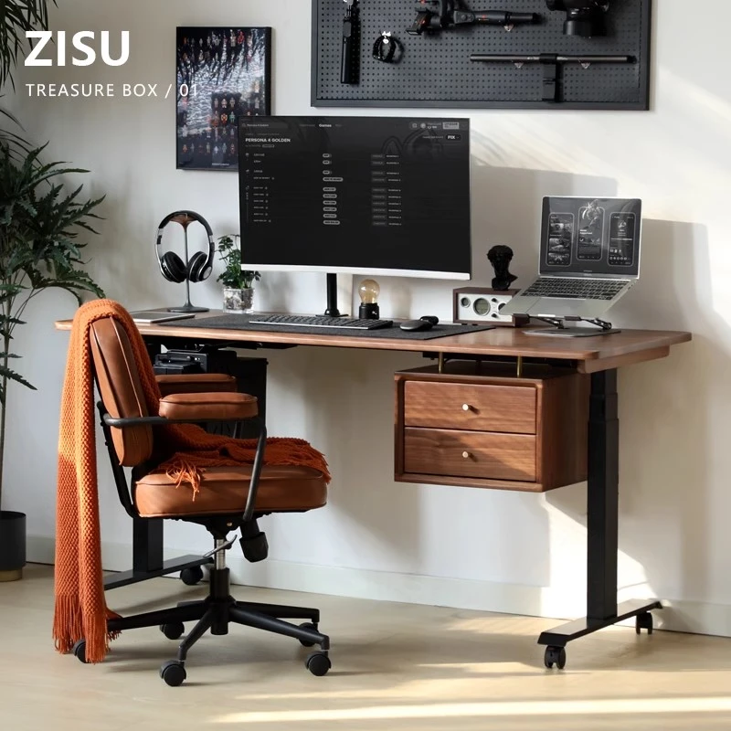 北美黑胡桃木电动升降桌实木超窄樱桃木书桌双人电机竞智能电脑桌