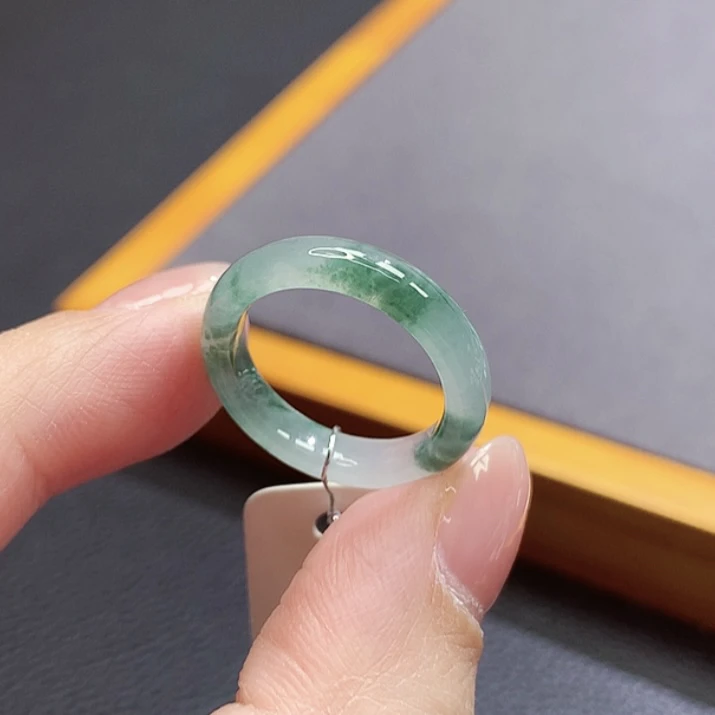 14号圈口缅甸天然A货翡翠细条冰飘花翡翠戒指 尺寸16.8×4.4×3.4mm
