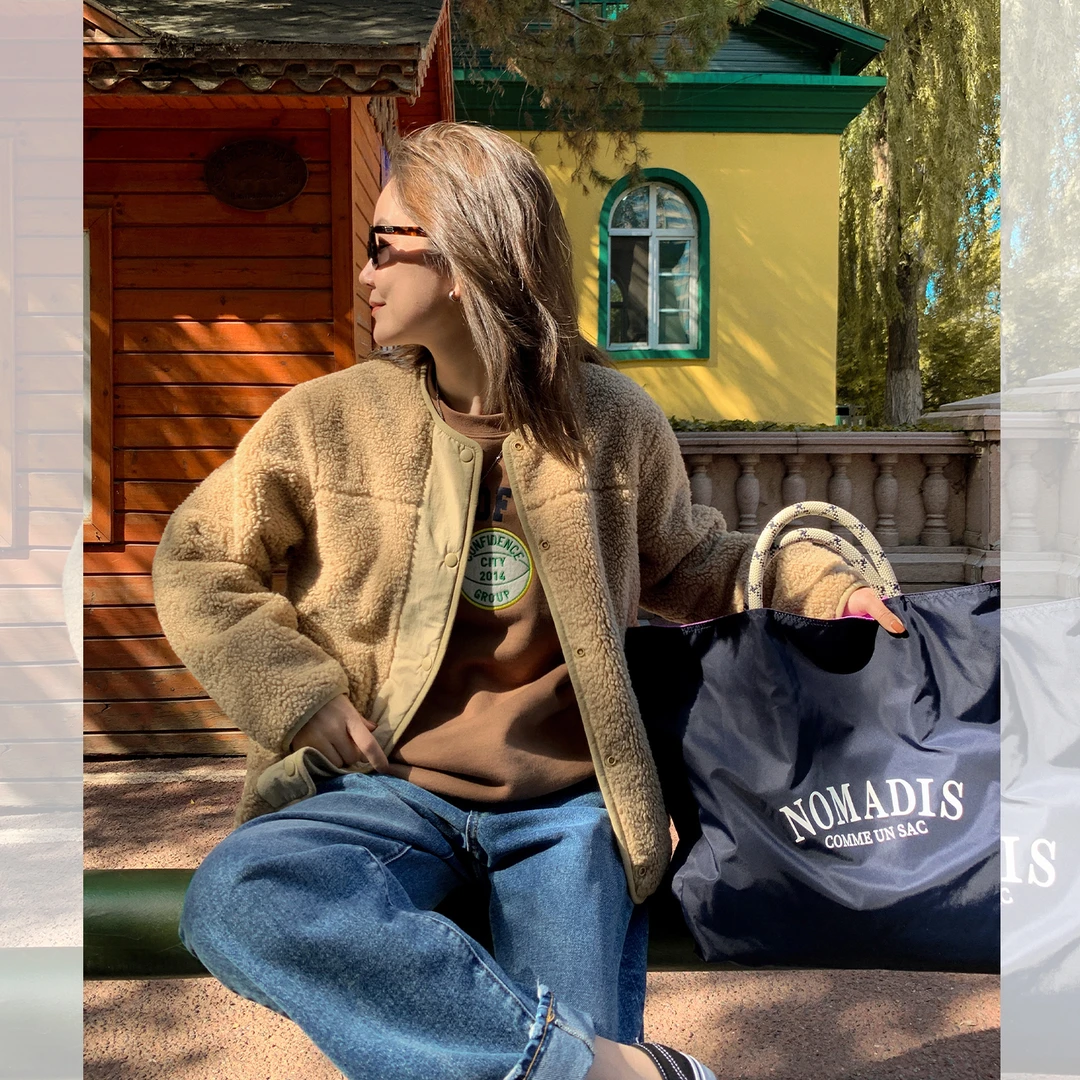 莉贝琳sisy摇粒绒外套女圆领麦穗纹理百搭休闲厚上衣S25410JC01