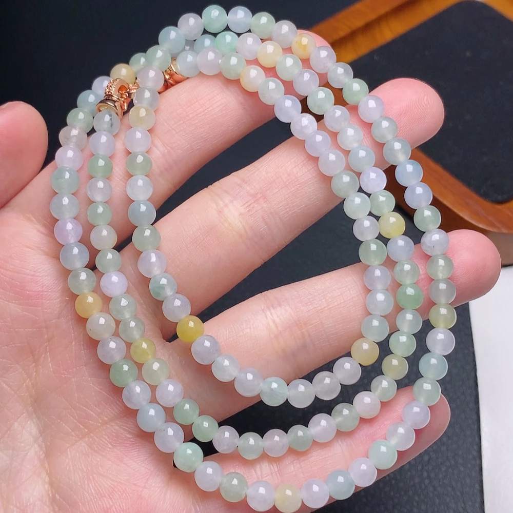 缅甸天然a货翡翠冰种马卡龙圆珠项链卡5mm彩色长链链珠