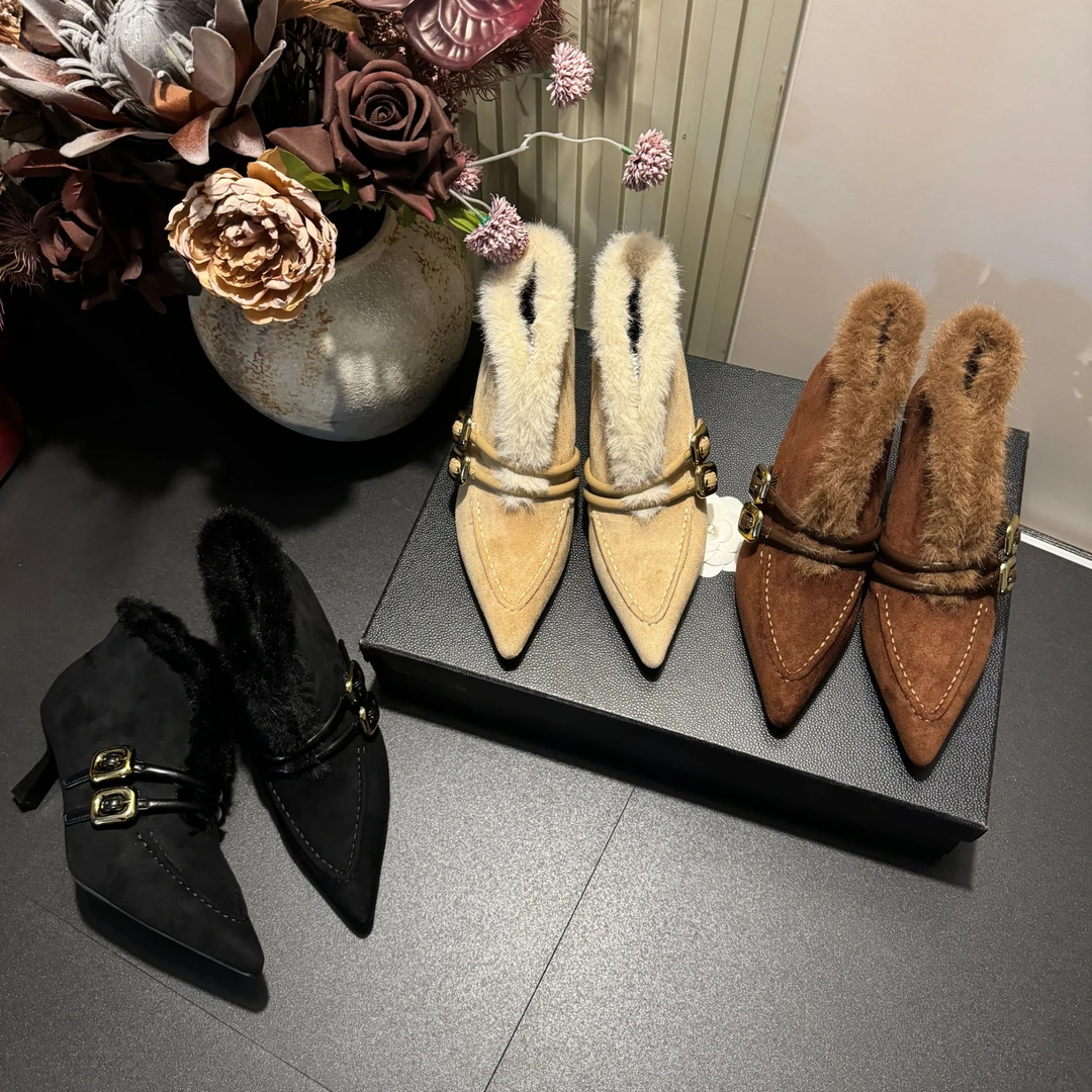 【现现】冬季新款兔毛精致百搭气质加绒时尚舒适暖和细根深口高跟鞋