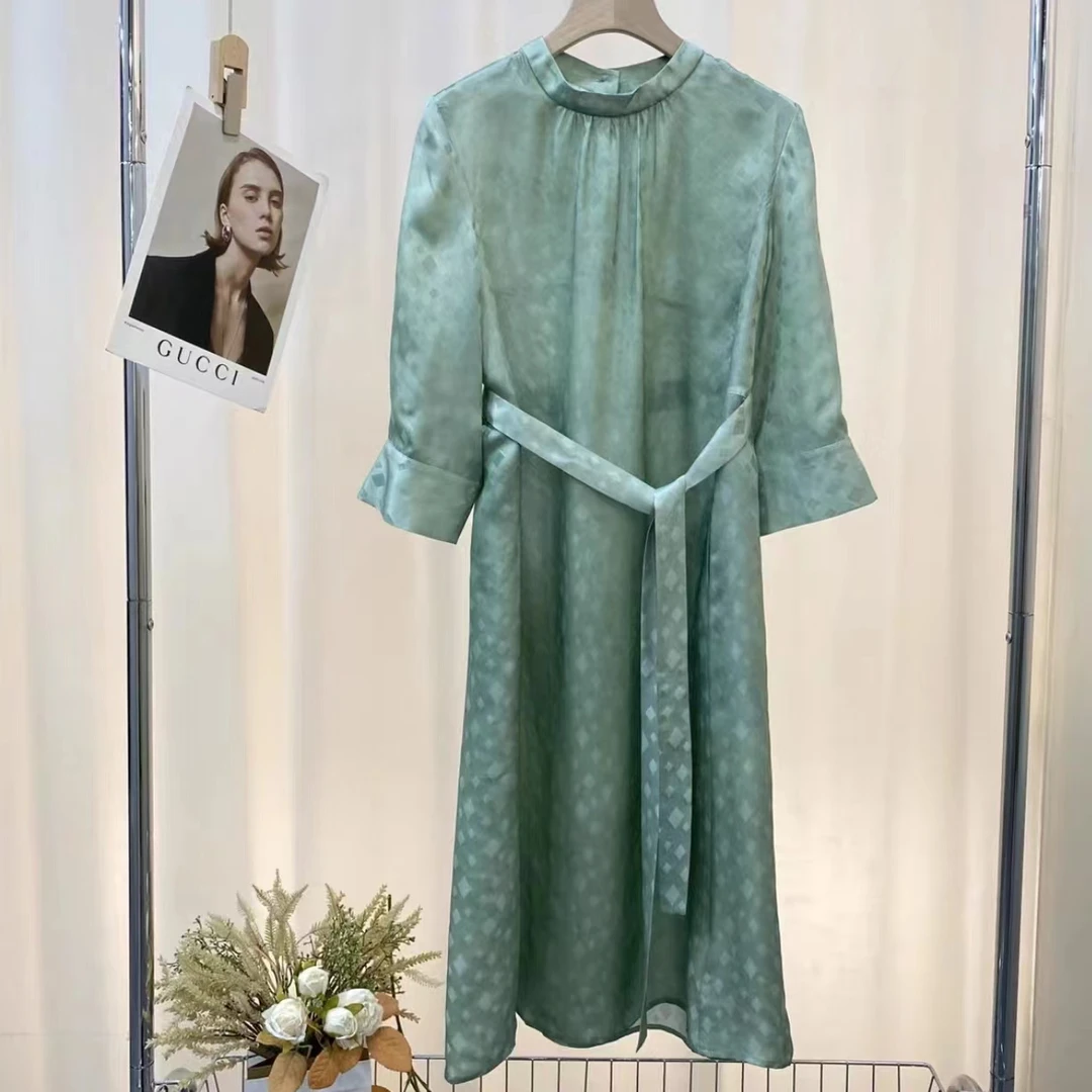 100%桑蚕丝提花桑波段连衣裙百搭气质轻奢显瘦时尚纯色 1327