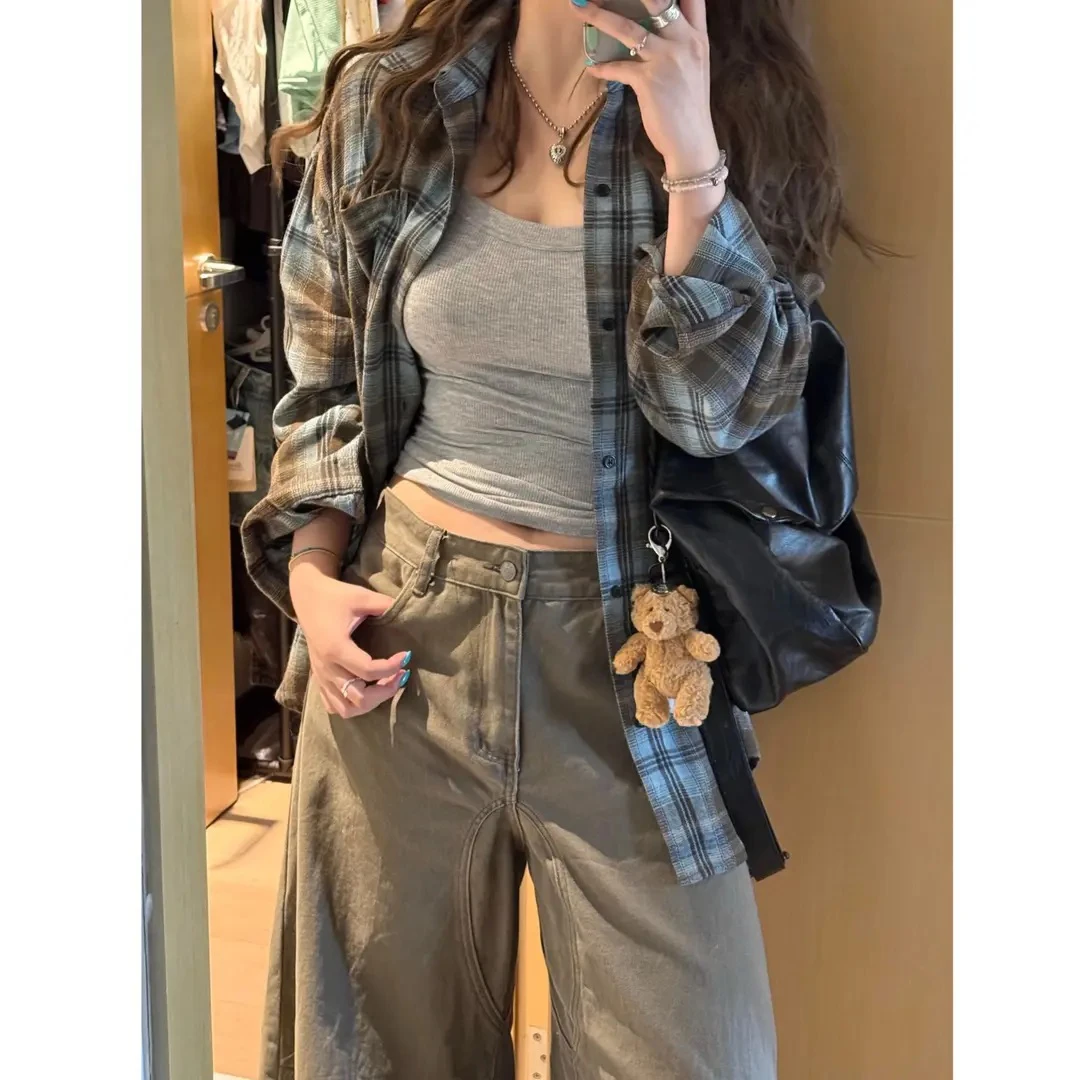 法式复古高级感格子衬衣外套女宽松长袖慵懒休闲早秋时尚衬衫上衣