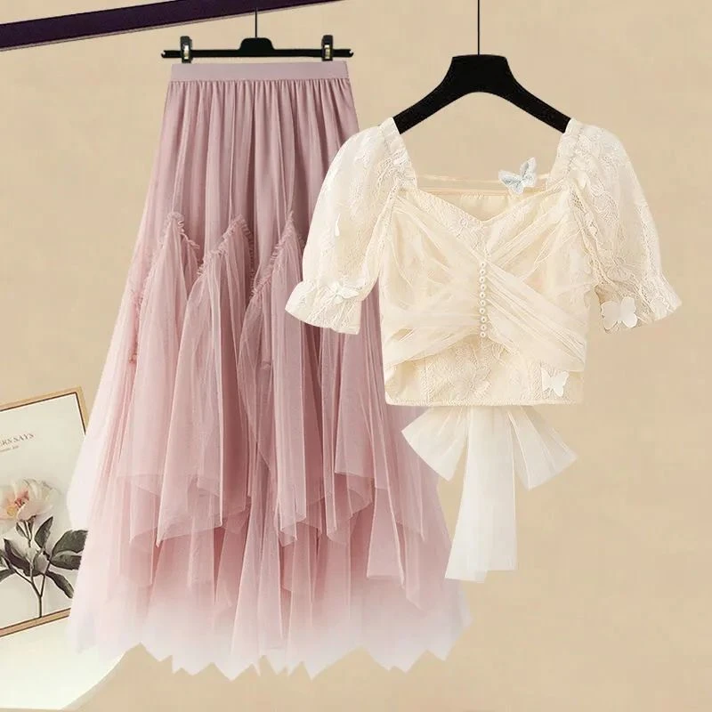 夏季套装女2025年新款大码女装韩版方领衬衫上衣网纱半身裙两件套