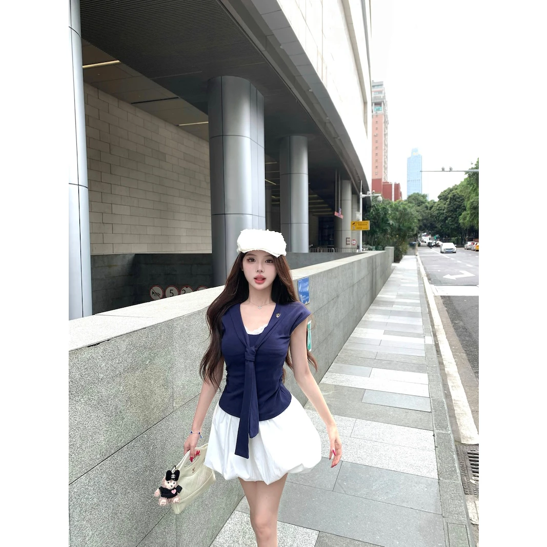 藏青色飘带短袖修身T恤女夏季蕾丝拼接褶皱紧身纯欲小众显瘦上衣