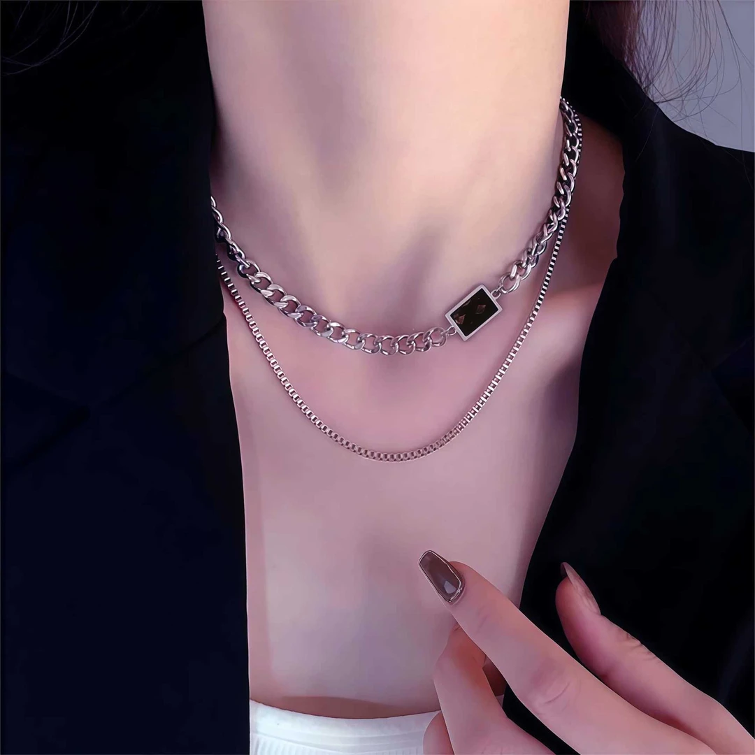 铜合金亚克力项链 欧美ins时尚高级感黑钻双层项链女小众轻奢设计