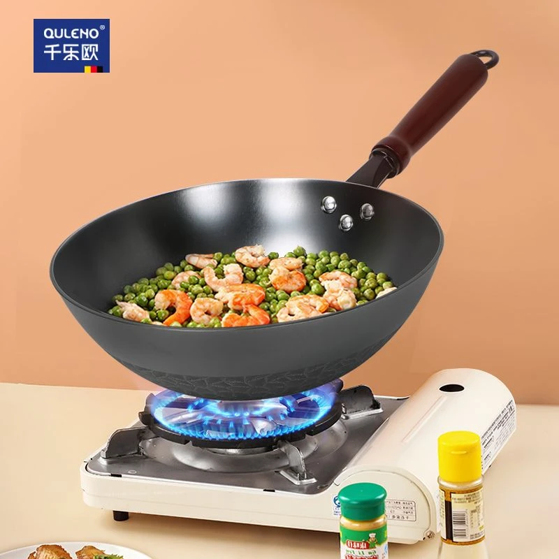 QULENO千乐欧精致雕花炒锅炒菜锅铸铁锅多尺寸玻璃盖木质手柄