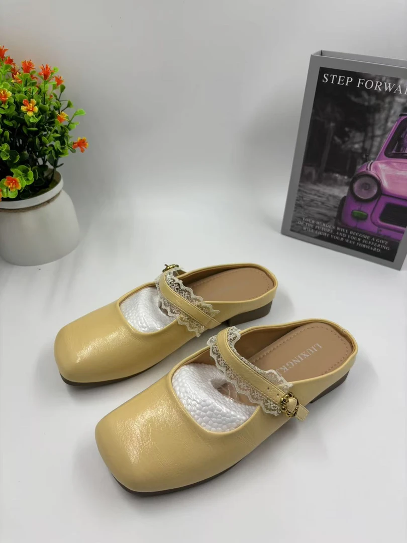 106-2包头平底蕾丝甜美包头拖春夏平底鞋半拖英伦风