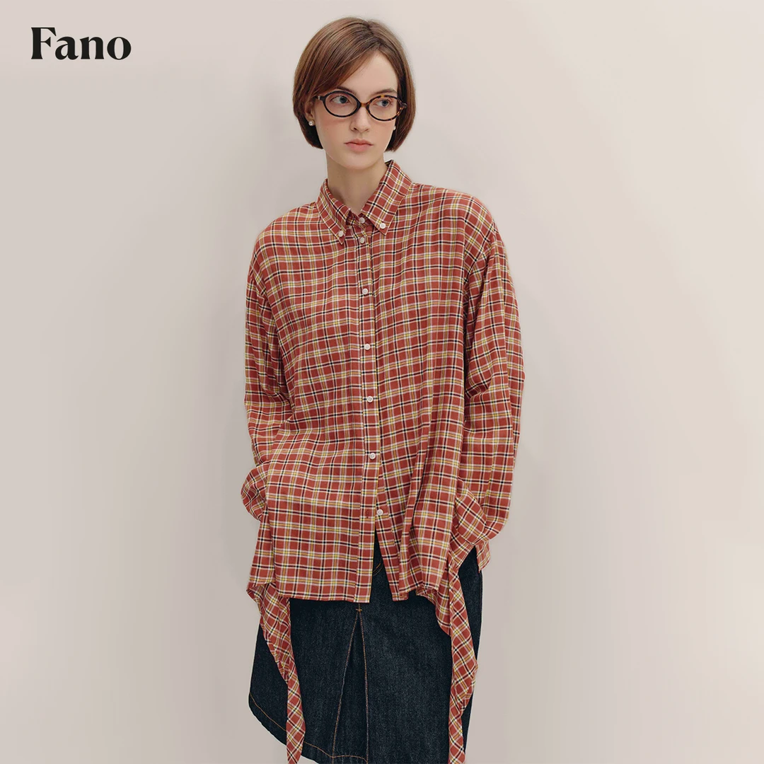 范洛 苏格兰风镂空格纹“多穿法飘逸绑带”长袖衬衫FD24S343推广