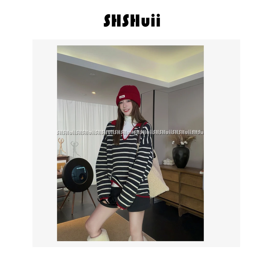 IN.SHuii【姜红奶咖】设计感条纹poloV领长袖绵羊毛衣/lfgdf