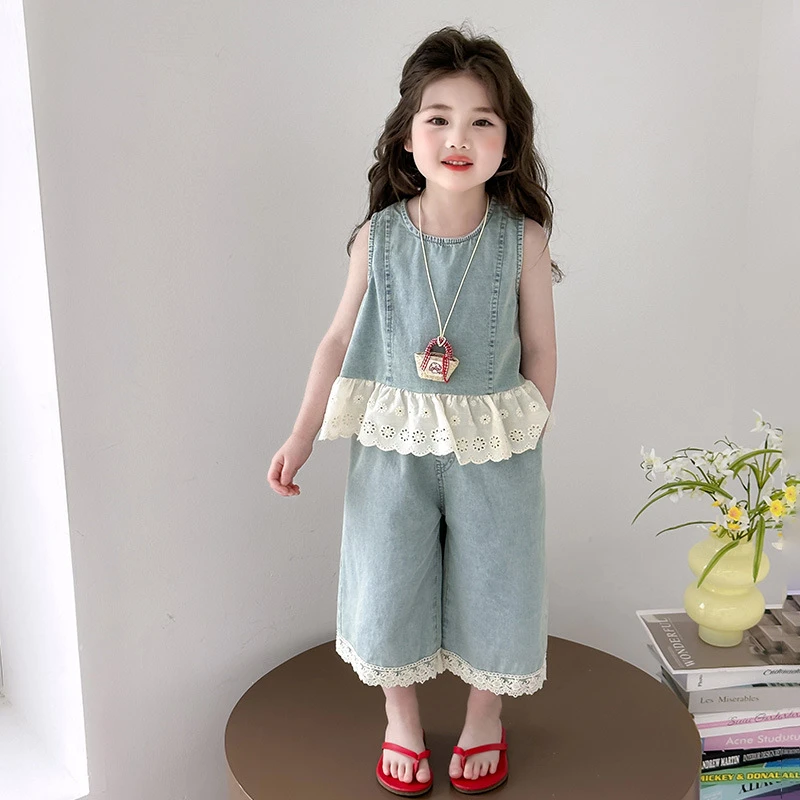 女童无袖蕾丝花边无袖背心牛仔两件套2025夏季新款小女孩夏款套装