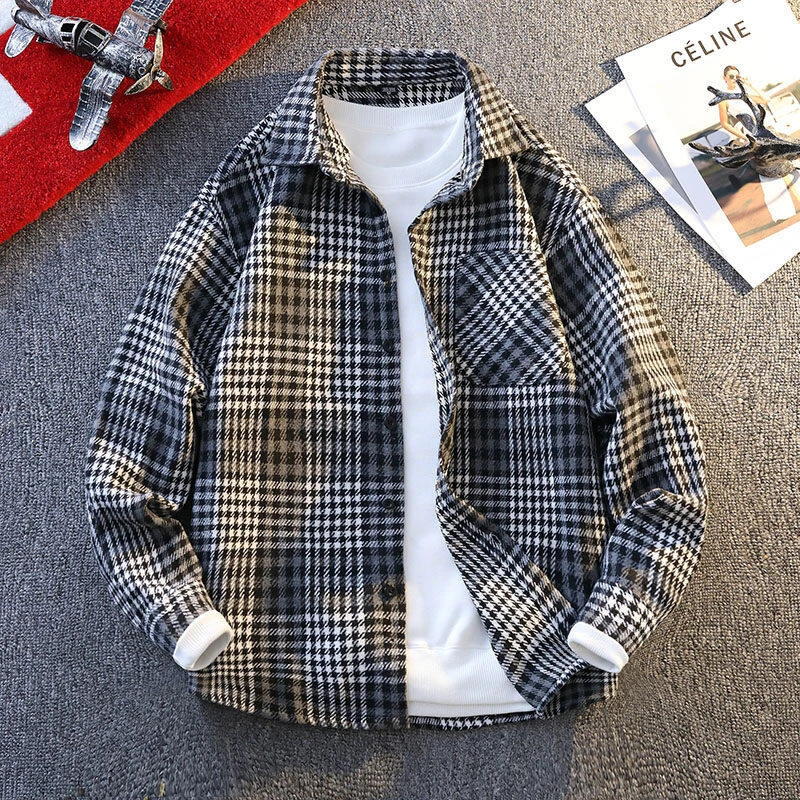 翻领男士春季格子青少年港风衬衫衬衣外套长袖学生上衣帅气CM17