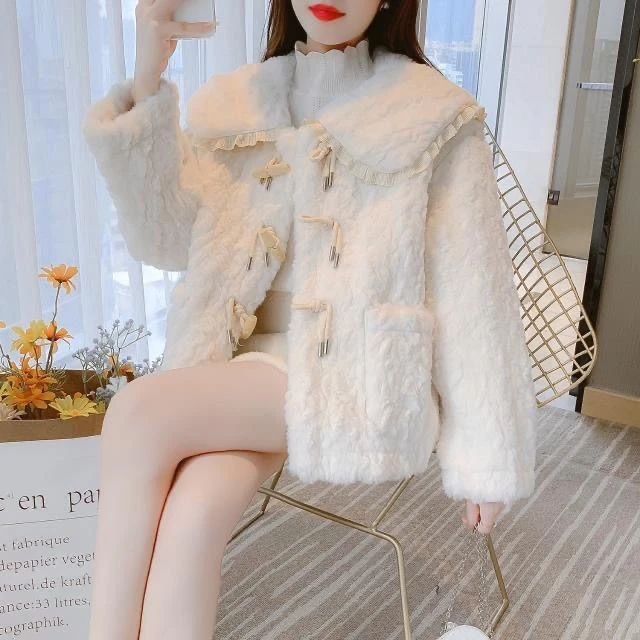 高级感加绒加厚外套秋冬新款毛绒一体加厚仿大衣时尚