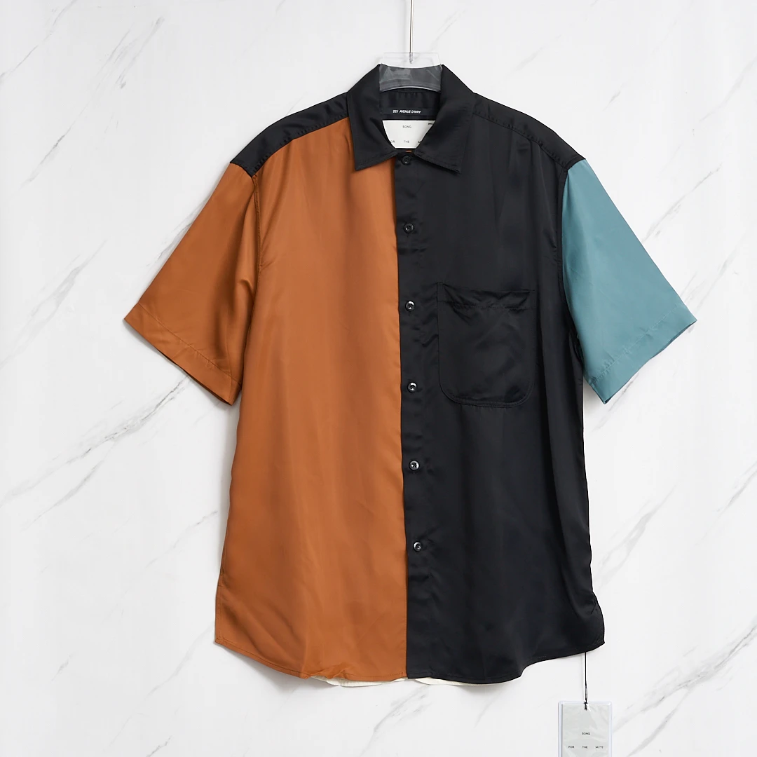全新未使用/Song for the mute男士拼色缎面短袖衬衫/SFBU00065