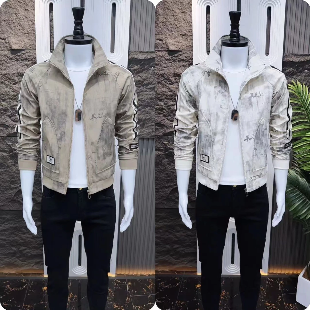 男士潮流修身百搭休闲时尚春秋薄款夹克外套印花帅气韩版透气外套