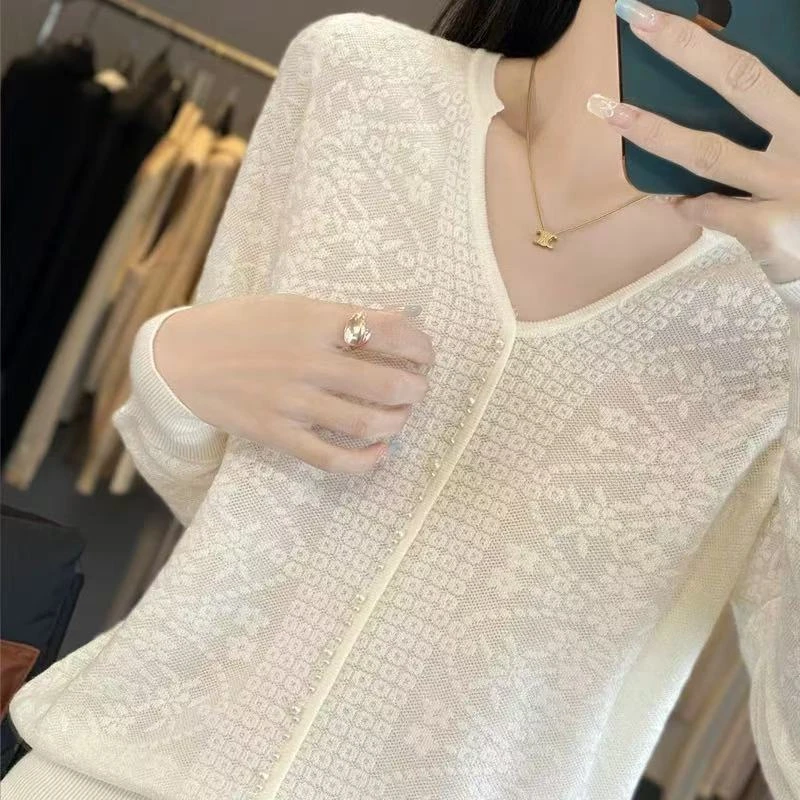 夏季V领纯色长袖套头针织钉珠米色长袖打底859