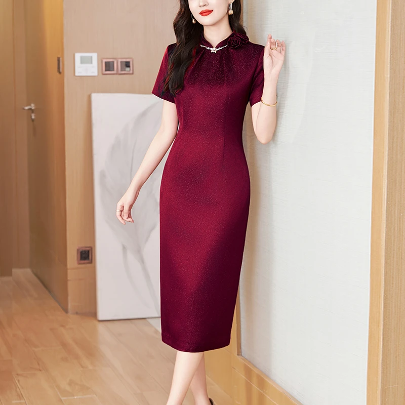 酒红色醋酸礼服裙2025夏季新款高端轻奢喜婆婆婚宴包臀显瘦连衣裙