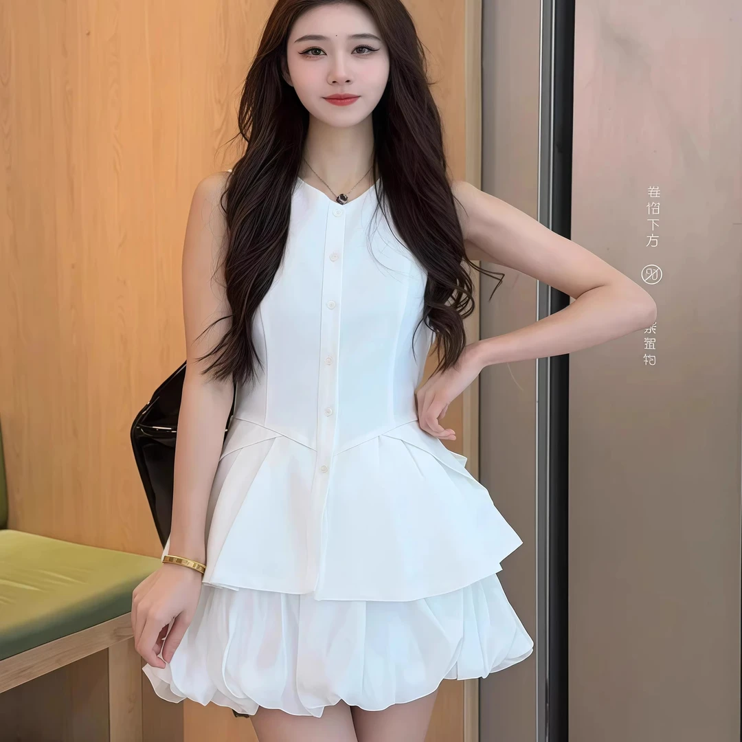 韩系穿搭一整套黑色无袖背心两件套设计感短花苞半身裙子套装女夏