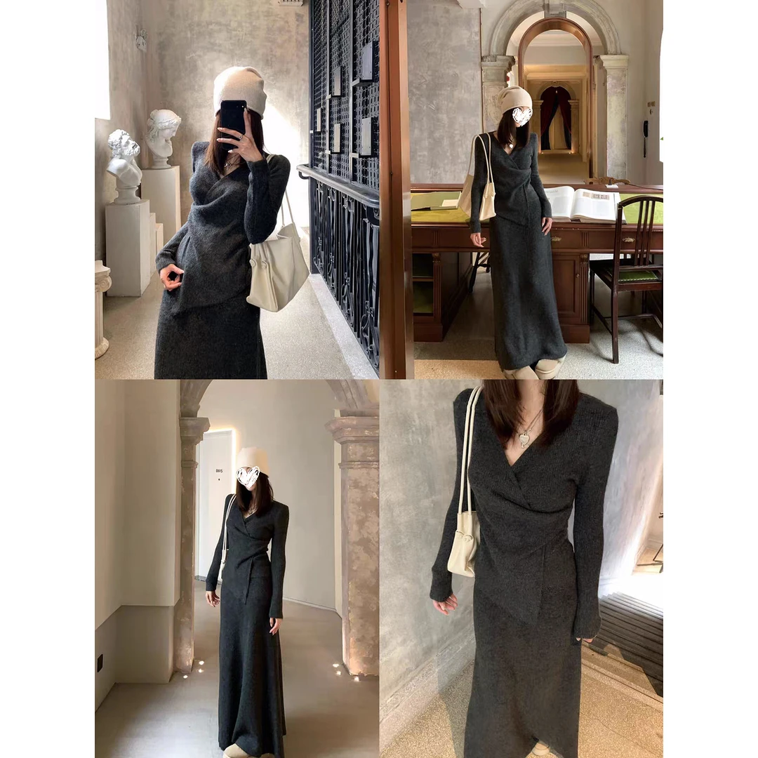 静奢设计感 收腰V领不规则上衣高腰垂感拖地半身裙子时尚套装