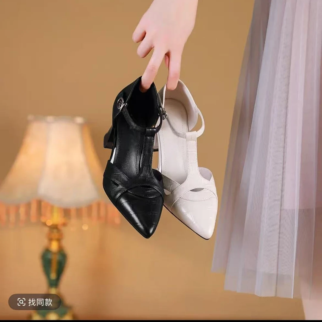 夏季包头凉鞋女2025年新款粗跟高跟鞋尖头一字扣带外出百搭单鞋女