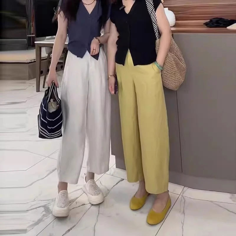 夏季薄款天丝亚麻阔腿休闲裤女2025新款松紧高腰宽松显瘦奶奶裤子
