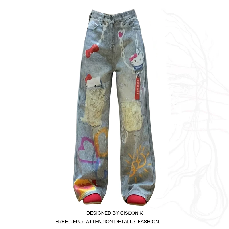 大码设计感数码卡通印花阔腿牛仔裤女2025秋街头撞色拼接休闲长裤