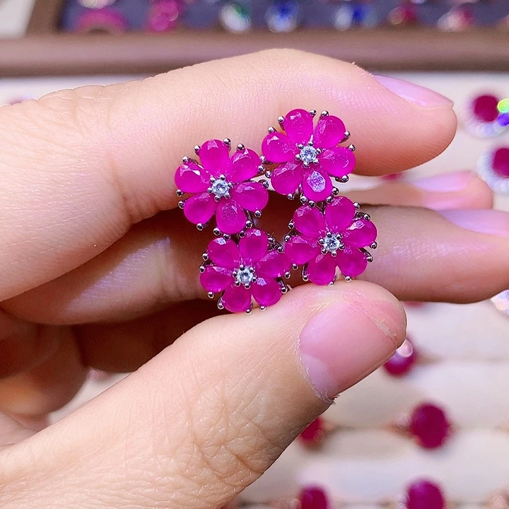 红宝石耳饰银S925镶嵌