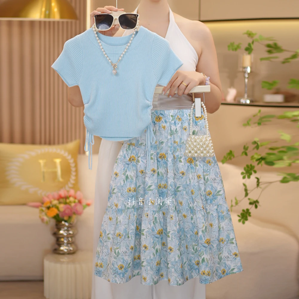 【闺蜜家】女童2025夏季新款时尚针织短袖T恤碎花公主长裙套装-8527