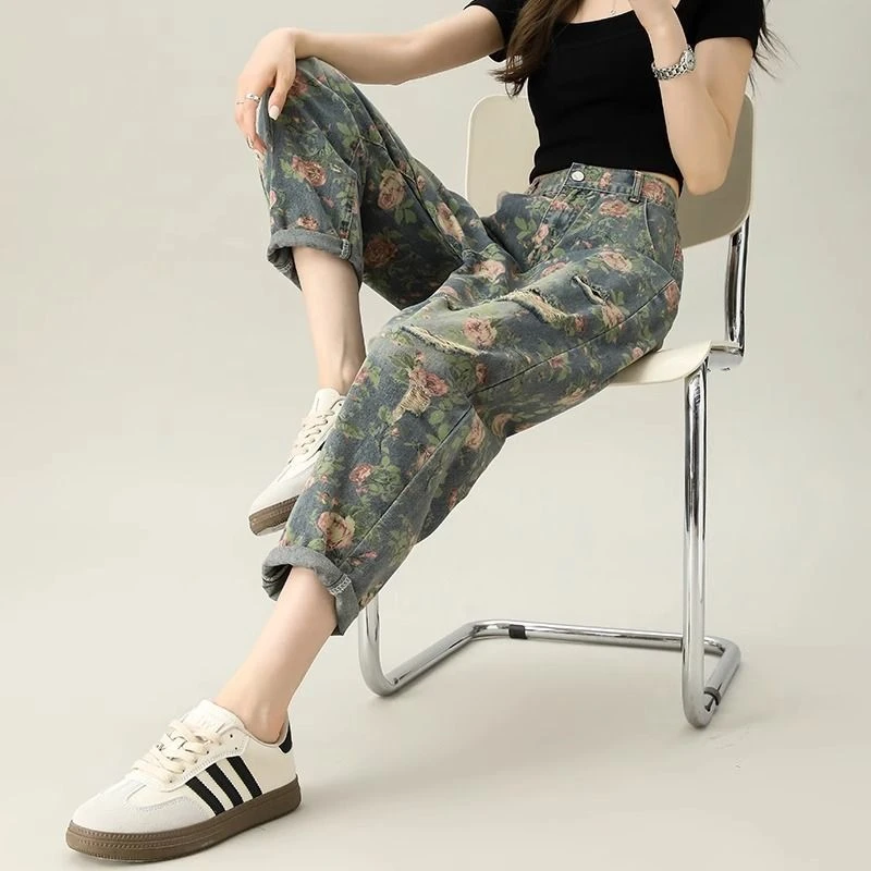 印花破洞牛仔裤女春夏薄款2025新款时尚哈伦九分宽松紧高腰老爹裤