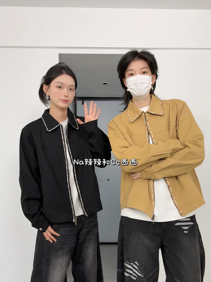 秋季美式复古织条哈灵顿工装夹克男女休闲双拉链宽松情侣外套