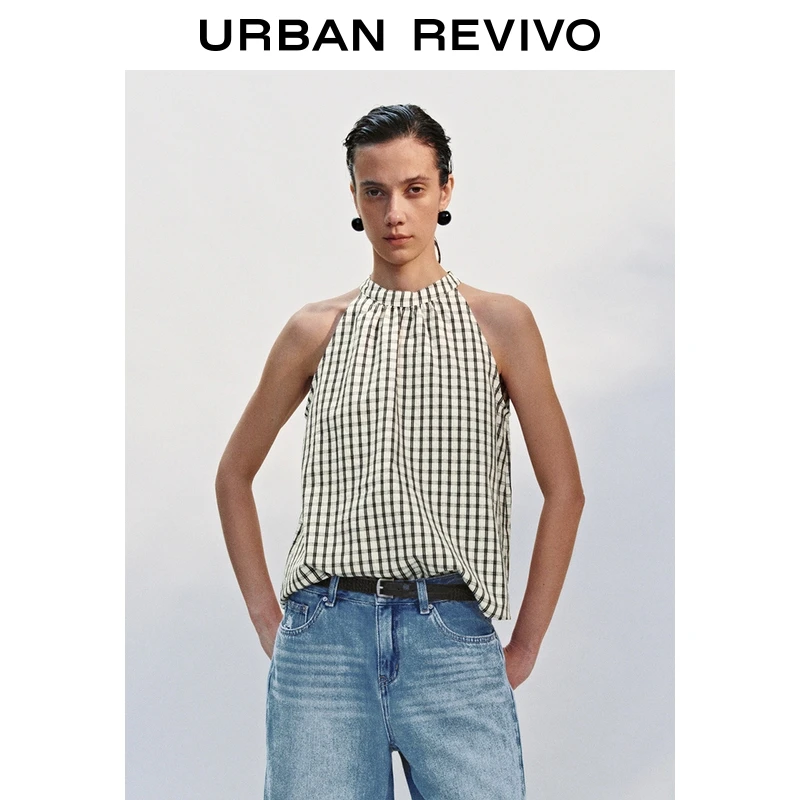 UR2025秋季新款女装休闲格纹挂脖无袖罩衫衬衫UYY250069