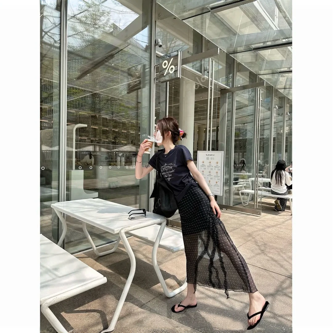 【显白神器】清爽字母短袖显瘦T恤+木耳边百搭松弛感半身裙A003