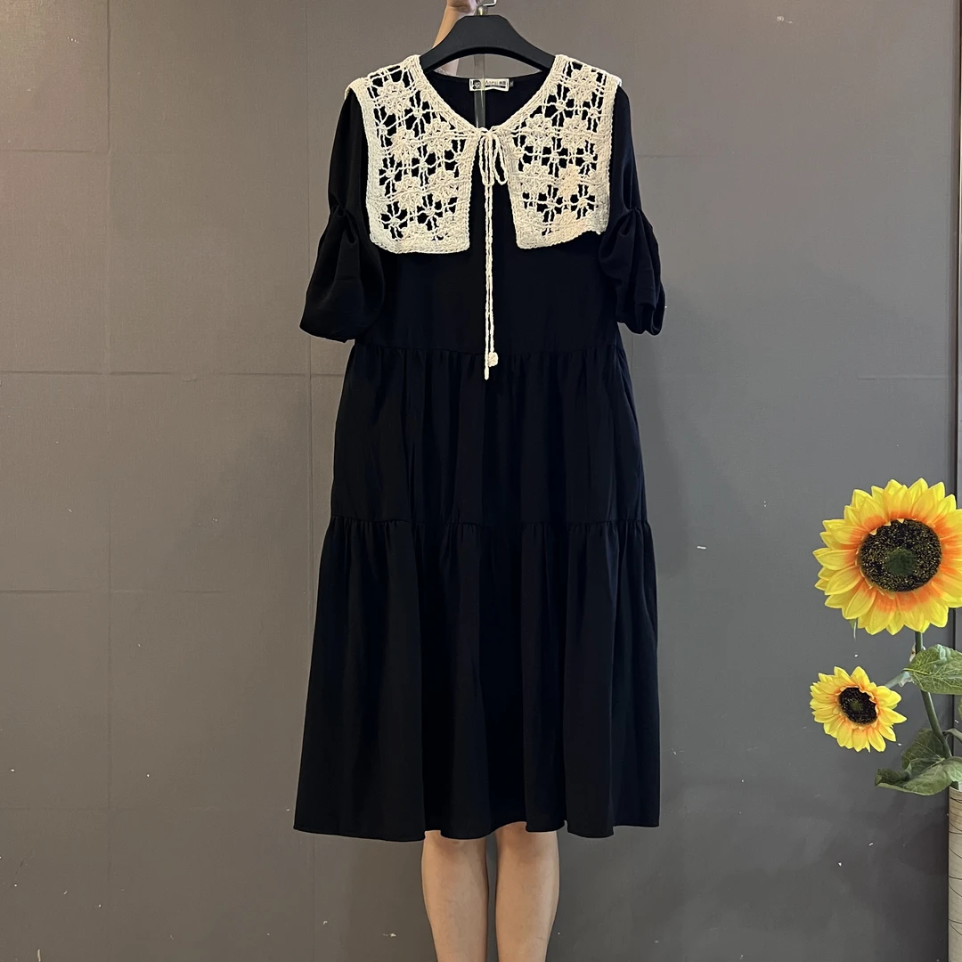 新款时尚设计感镂空系带披肩领搭配显瘦长袖连衣裙（领子可拆卸）