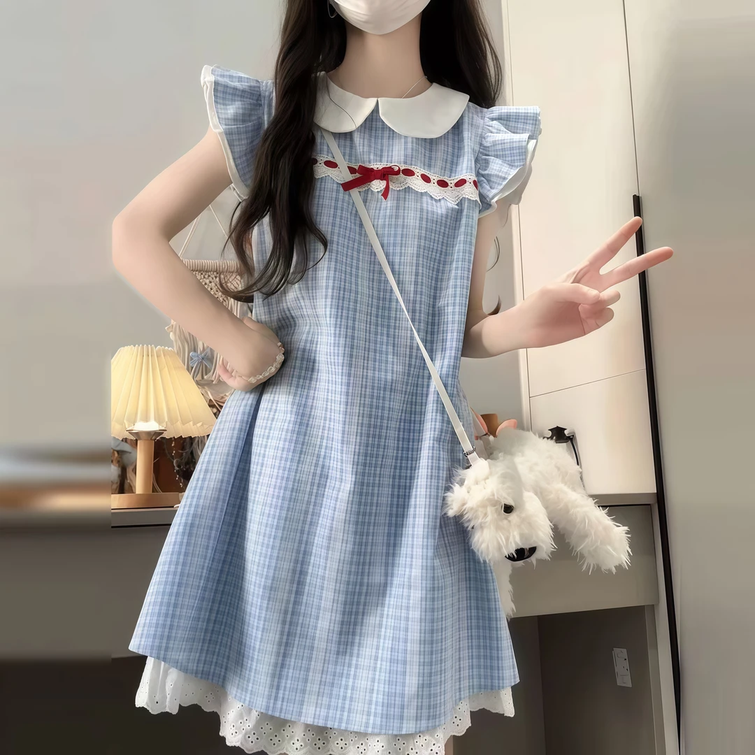 女童夏季法式娃娃领连衣裙儿童蓝色甜美公主裙中大童学生格子裙子